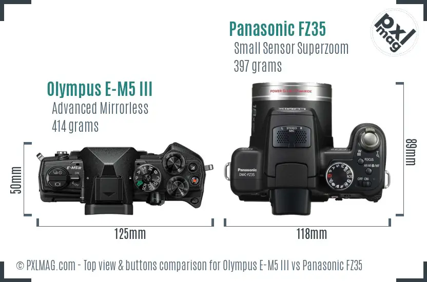 Olympus E-M5 III vs Panasonic FZ35 top view buttons comparison