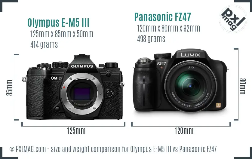 Olympus E-M5 III vs Panasonic FZ47 size comparison