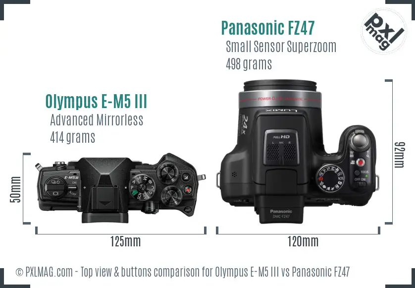 Olympus E-M5 III vs Panasonic FZ47 top view buttons comparison