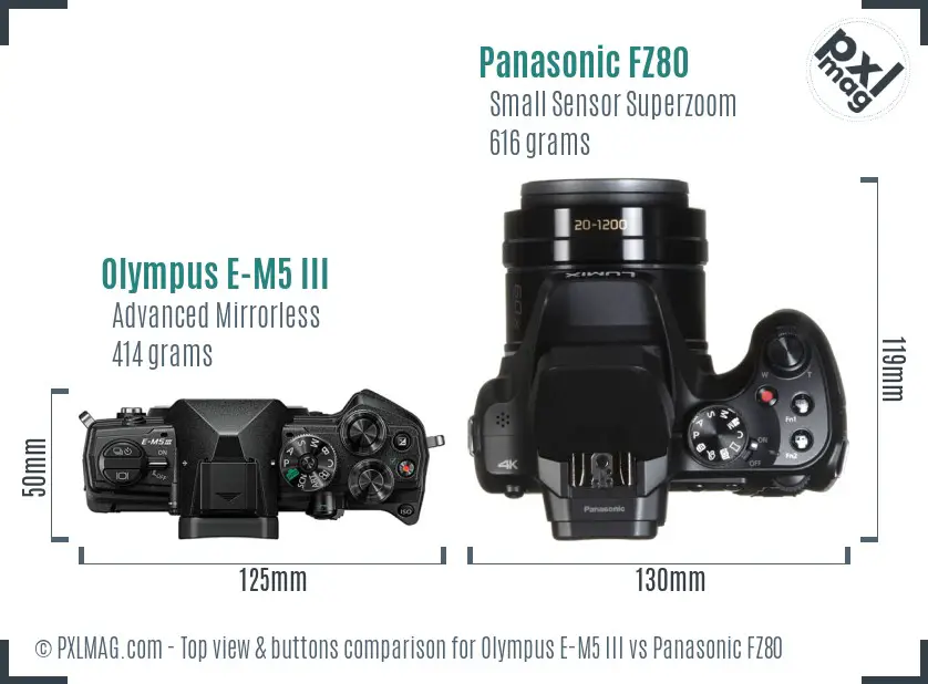 Olympus E-M5 III vs Panasonic FZ80 top view buttons comparison