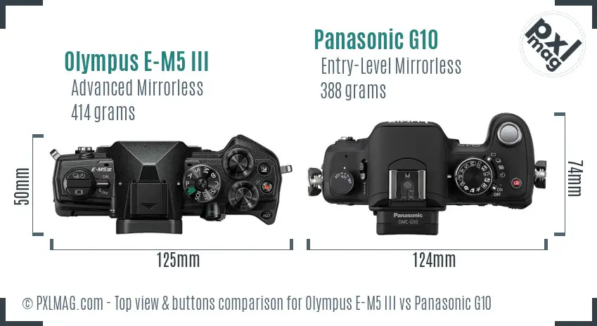 Olympus E-M5 III vs Panasonic G10 top view buttons comparison