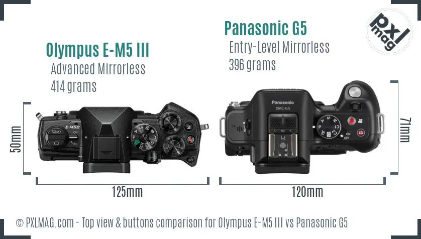 Olympus E-M5 III vs Panasonic G5 top view buttons comparison