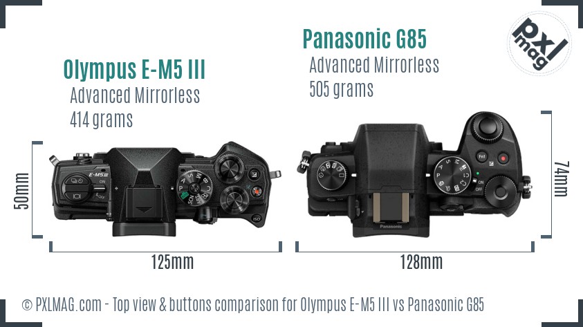 Olympus E-M5 III vs Panasonic G85 top view buttons comparison