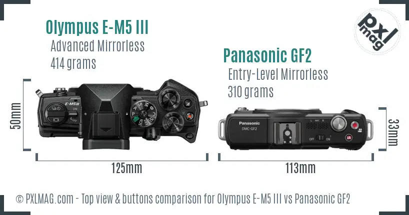 Olympus E-M5 III vs Panasonic GF2 top view buttons comparison