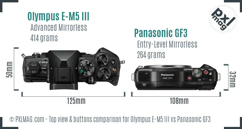 Olympus E-M5 III vs Panasonic GF3 top view buttons comparison