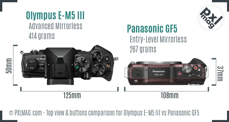 Olympus E-M5 III vs Panasonic GF5 top view buttons comparison