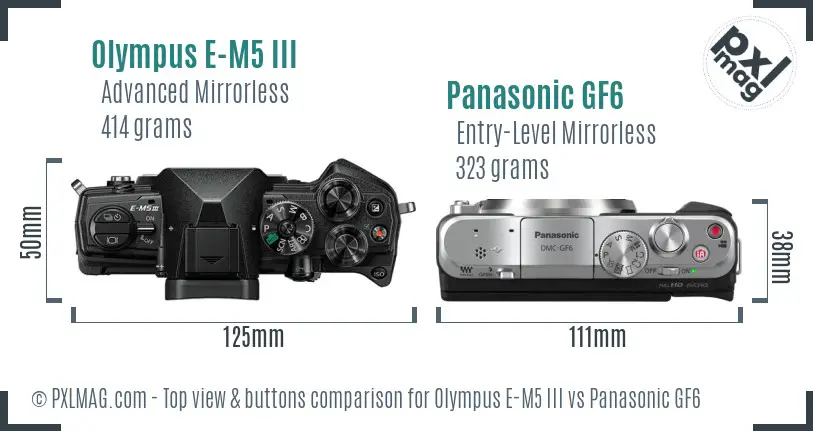 Olympus E-M5 III vs Panasonic GF6 top view buttons comparison