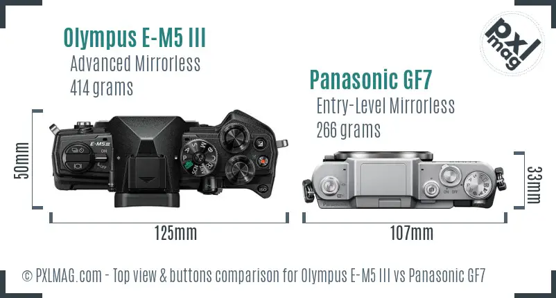 Olympus E-M5 III vs Panasonic GF7 top view buttons comparison