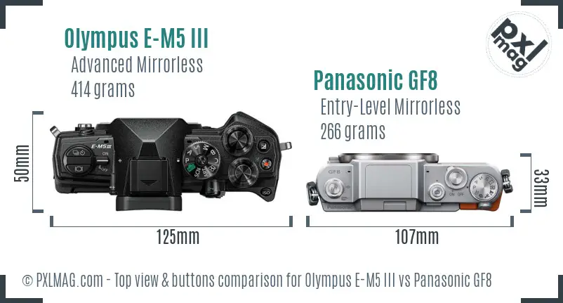 Olympus E-M5 III vs Panasonic GF8 top view buttons comparison