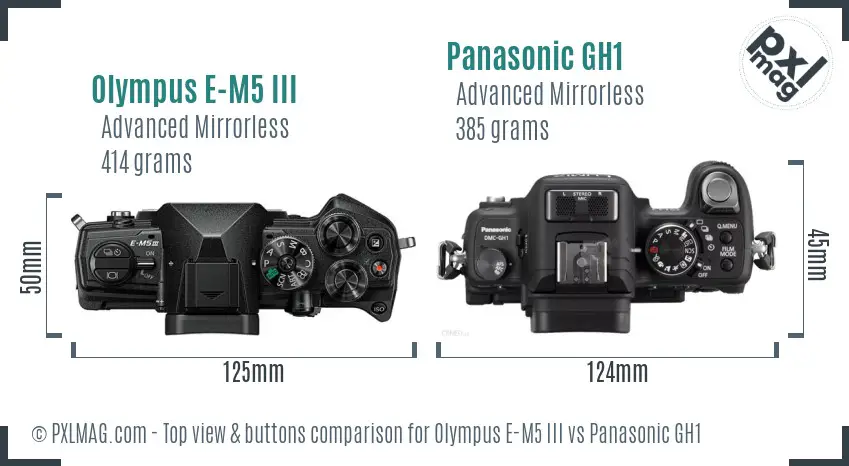Olympus E-M5 III vs Panasonic GH1 top view buttons comparison