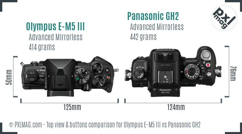 Olympus E-M5 III vs Panasonic GH2 top view buttons comparison