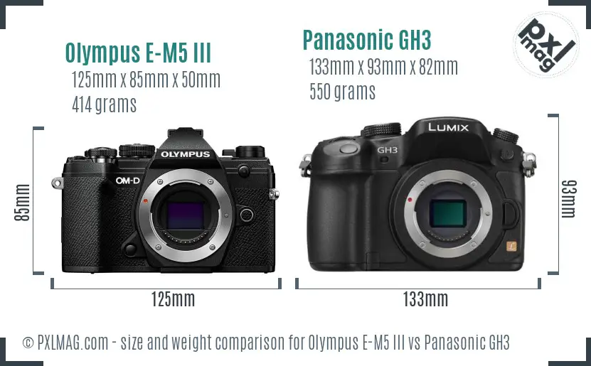 Olympus E-M5 III vs Panasonic GH3 size comparison