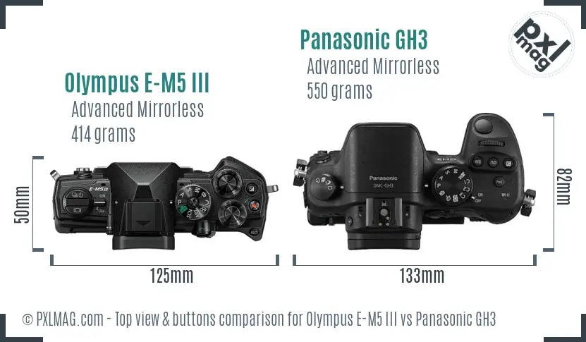 Olympus E-M5 III vs Panasonic GH3 top view buttons comparison