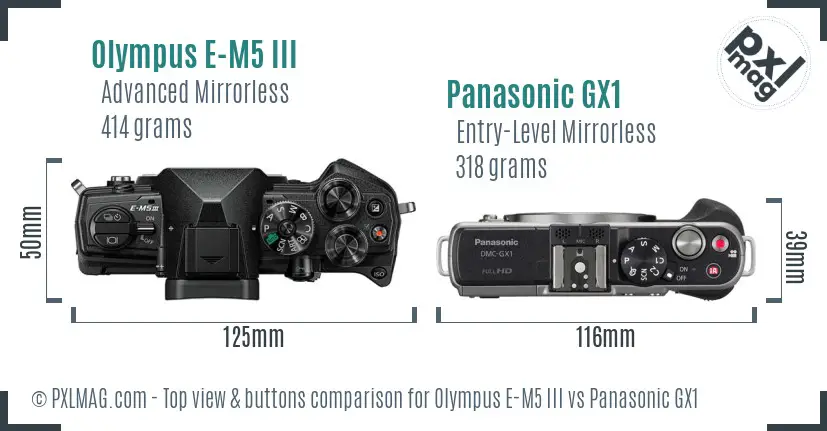 Olympus E-M5 III vs Panasonic GX1 top view buttons comparison