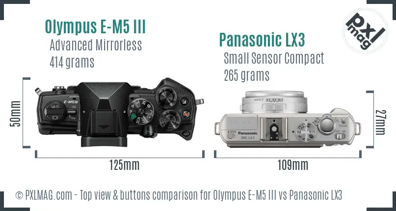 Olympus E-M5 III vs Panasonic LX3 top view buttons comparison
