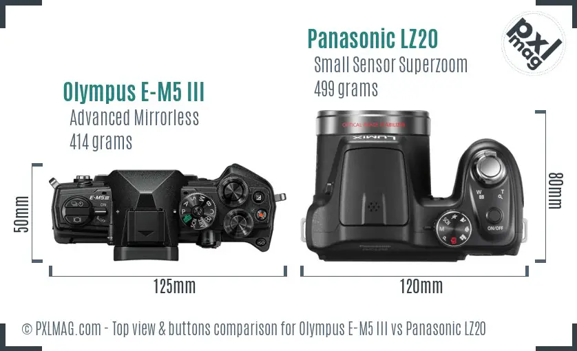 Olympus E-M5 III vs Panasonic LZ20 top view buttons comparison