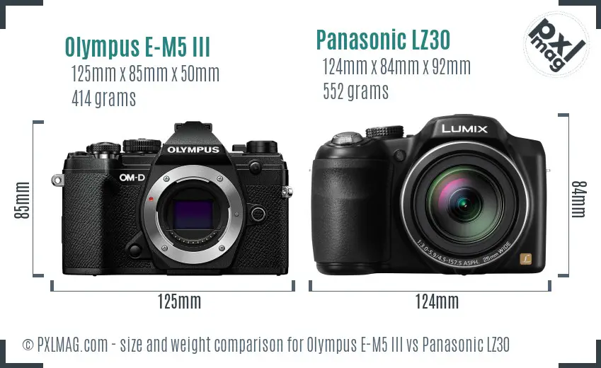 Olympus E-M5 III vs Panasonic LZ30 size comparison