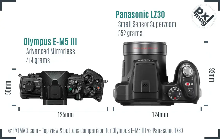 Olympus E-M5 III vs Panasonic LZ30 top view buttons comparison