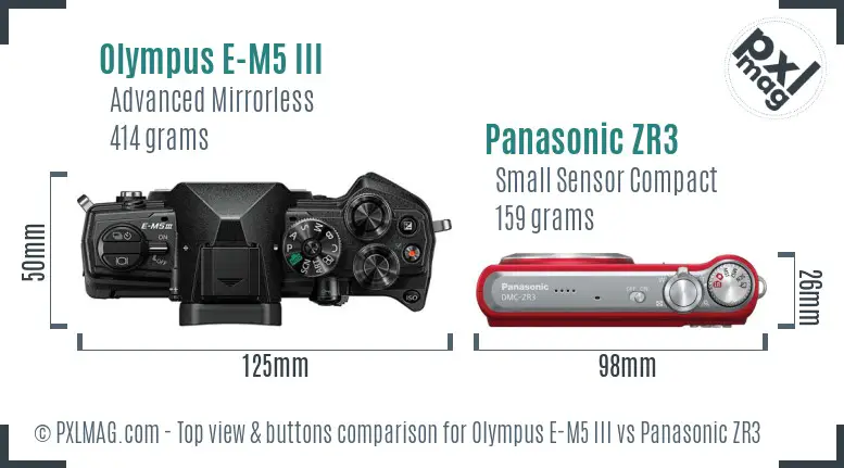 Olympus E-M5 III vs Panasonic ZR3 top view buttons comparison