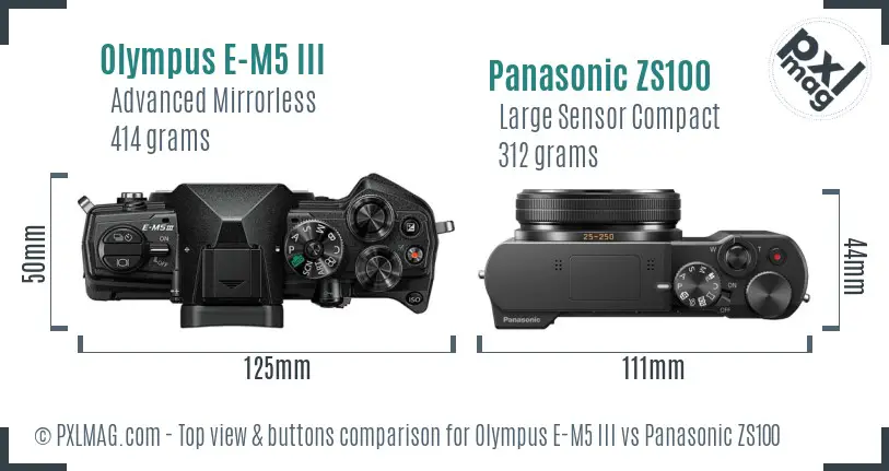 Olympus E-M5 III vs Panasonic ZS100 top view buttons comparison