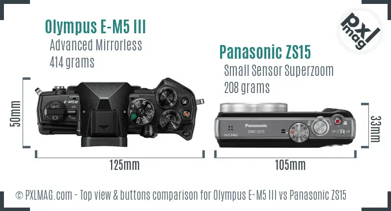 Olympus E-M5 III vs Panasonic ZS15 top view buttons comparison