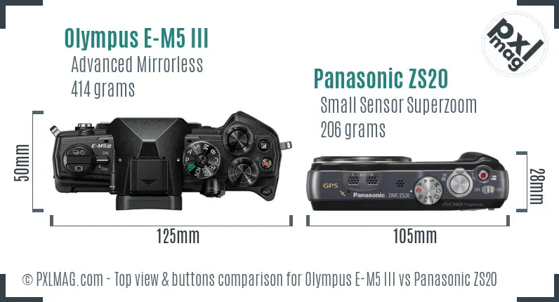 Olympus E-M5 III vs Panasonic ZS20 top view buttons comparison
