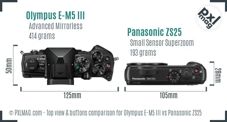 Olympus E-M5 III vs Panasonic ZS25 top view buttons comparison
