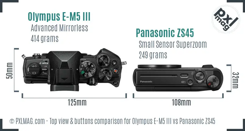 Olympus E-M5 III vs Panasonic ZS45 top view buttons comparison