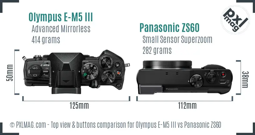 Olympus E-M5 III vs Panasonic ZS60 top view buttons comparison