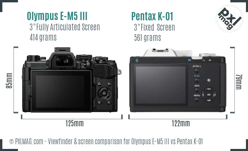 Olympus E-M5 III vs Pentax K-01 Screen and Viewfinder comparison