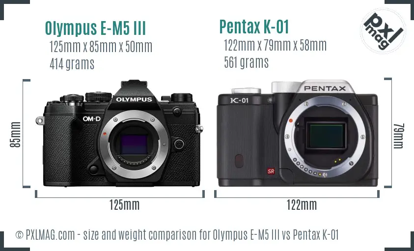 Olympus E-M5 III vs Pentax K-01 size comparison