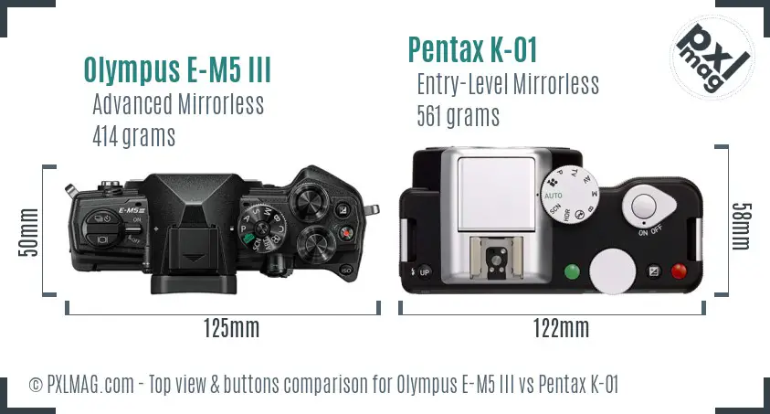 Olympus E-M5 III vs Pentax K-01 top view buttons comparison