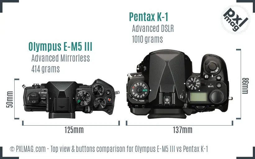 Olympus E-M5 III vs Pentax K-1 top view buttons comparison