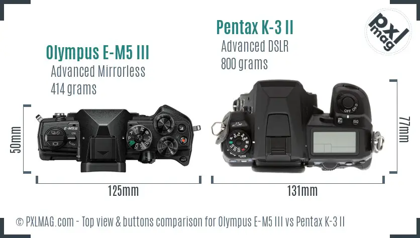 Olympus E-M5 III vs Pentax K-3 II top view buttons comparison