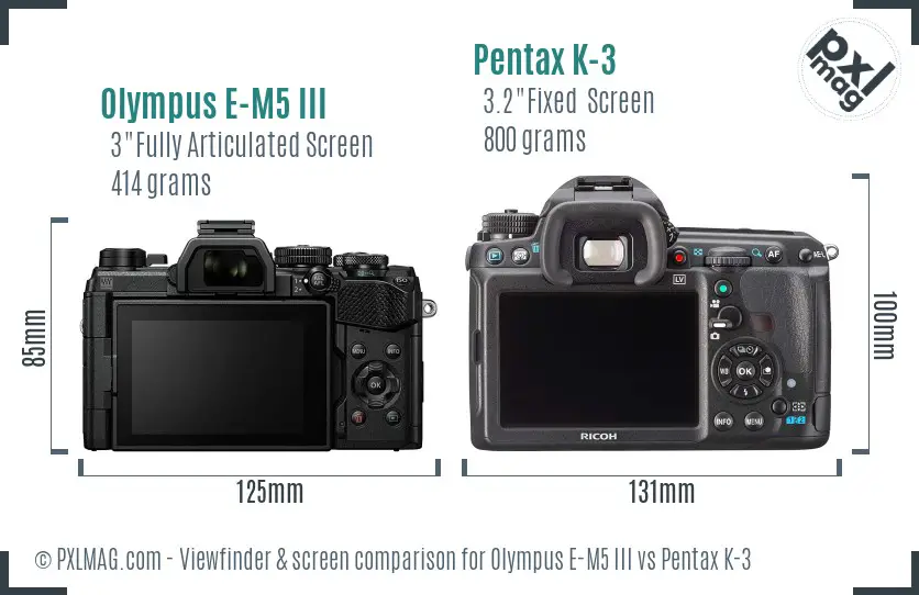 Olympus E-M5 III vs Pentax K-3 Screen and Viewfinder comparison