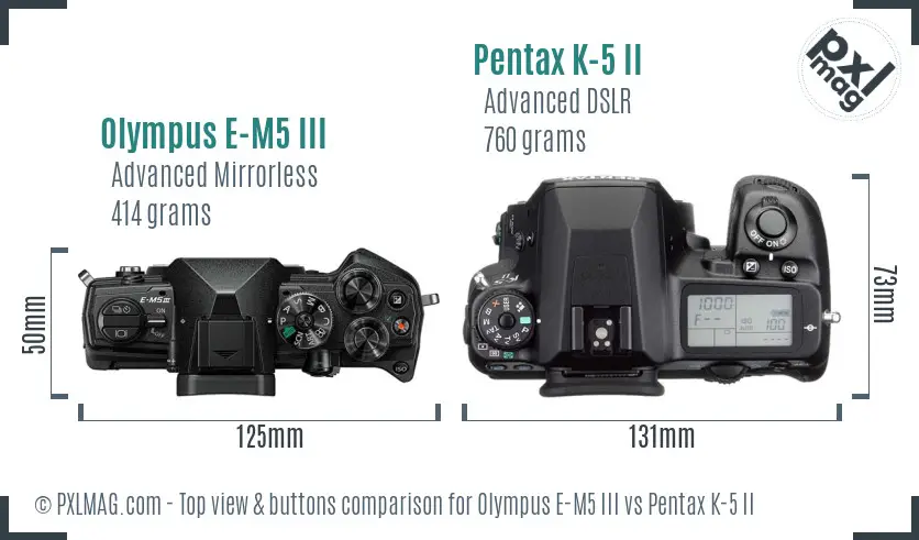 Olympus E-M5 III vs Pentax K-5 II top view buttons comparison