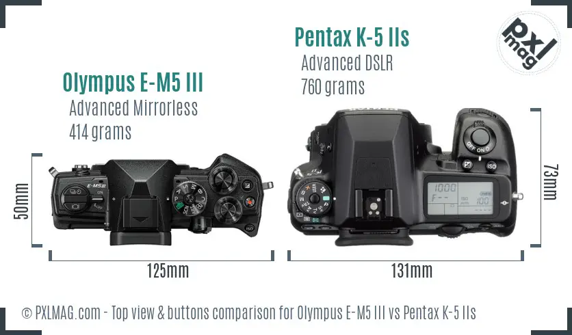 Olympus E-M5 III vs Pentax K-5 IIs top view buttons comparison