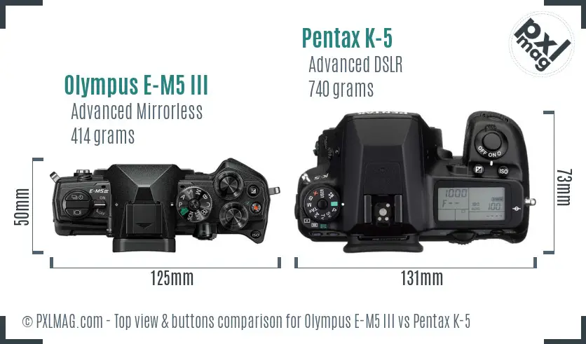 Olympus E-M5 III vs Pentax K-5 top view buttons comparison