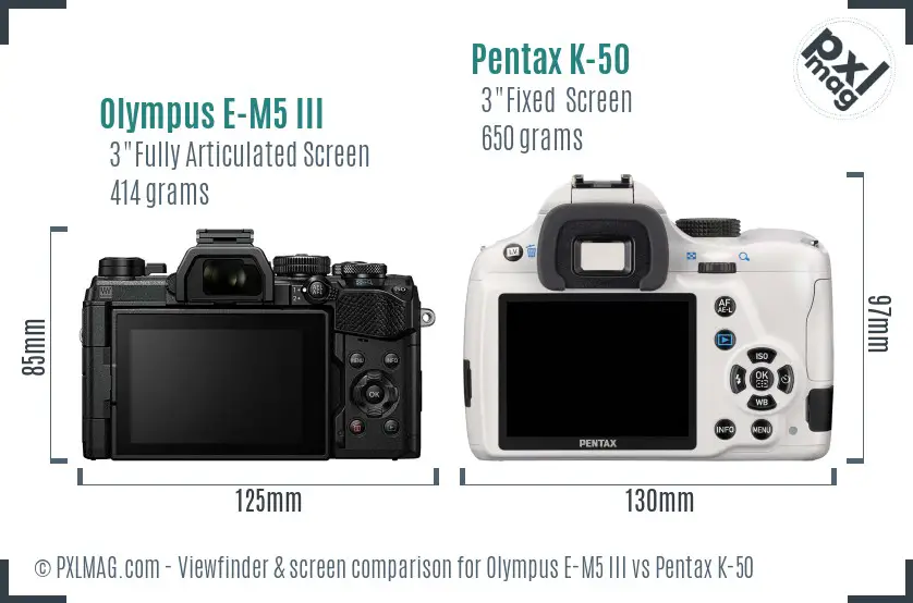 Olympus E-M5 III vs Pentax K-50 Screen and Viewfinder comparison