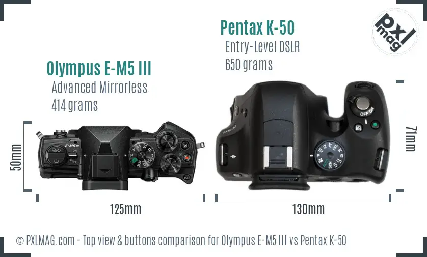 Olympus E-M5 III vs Pentax K-50 top view buttons comparison