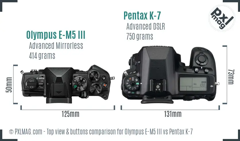 Olympus E-M5 III vs Pentax K-7 top view buttons comparison