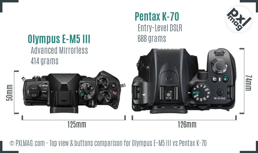 Olympus E-M5 III vs Pentax K-70 top view buttons comparison