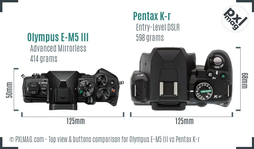 Olympus E-M5 III vs Pentax K-r top view buttons comparison