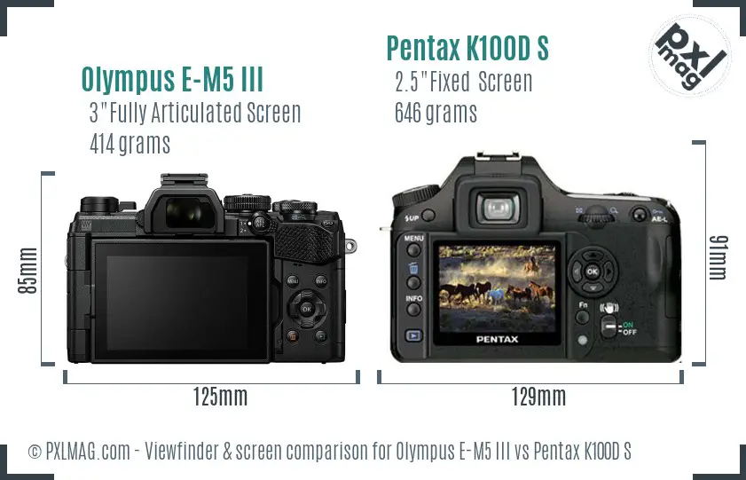Olympus E-M5 III vs Pentax K100D S Screen and Viewfinder comparison