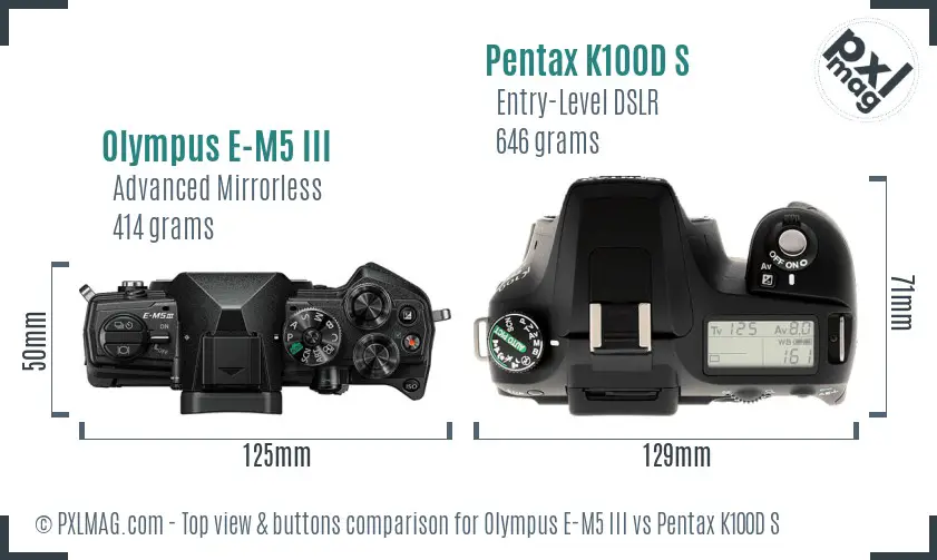 Olympus E-M5 III vs Pentax K100D S top view buttons comparison