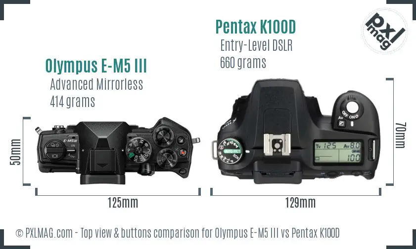 Olympus E-M5 III vs Pentax K100D top view buttons comparison