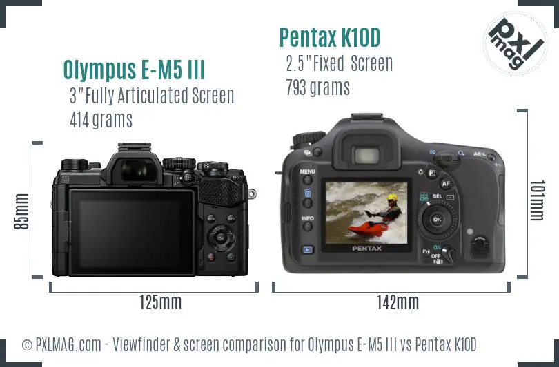 Olympus E-M5 III vs Pentax K10D Screen and Viewfinder comparison