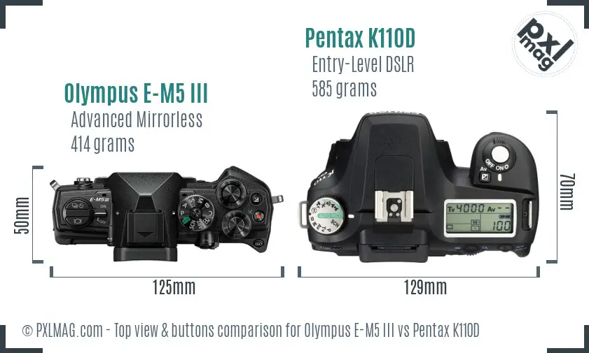Olympus E-M5 III vs Pentax K110D top view buttons comparison