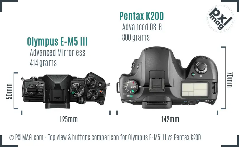 Olympus E-M5 III vs Pentax K20D top view buttons comparison