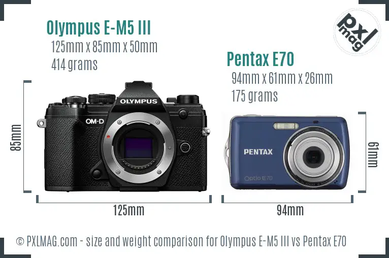 Olympus E-M5 III vs Pentax E70 size comparison